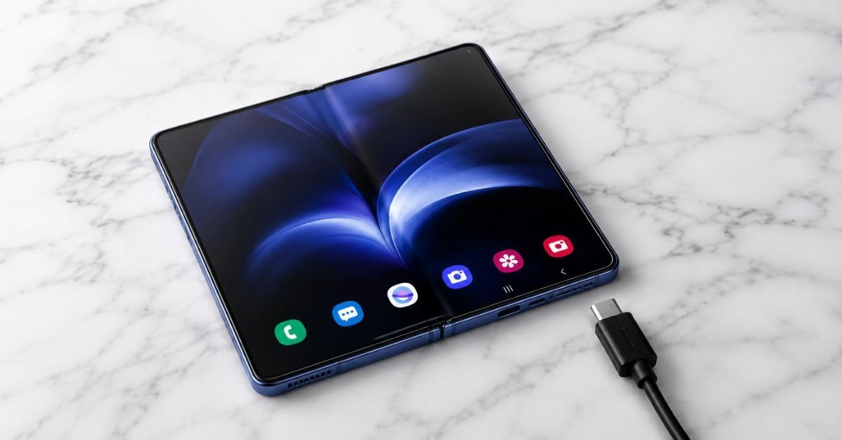 Samsung Galaxy Z Fold 8 Wide unfolded at 4.3mm thickness compared to USB-C port size