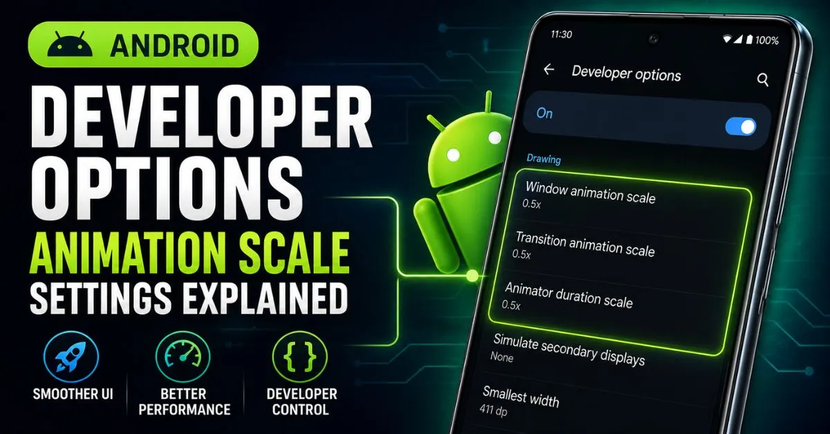 Android Developer Options menu showing window animation scale set to 0.5x to speed up phone