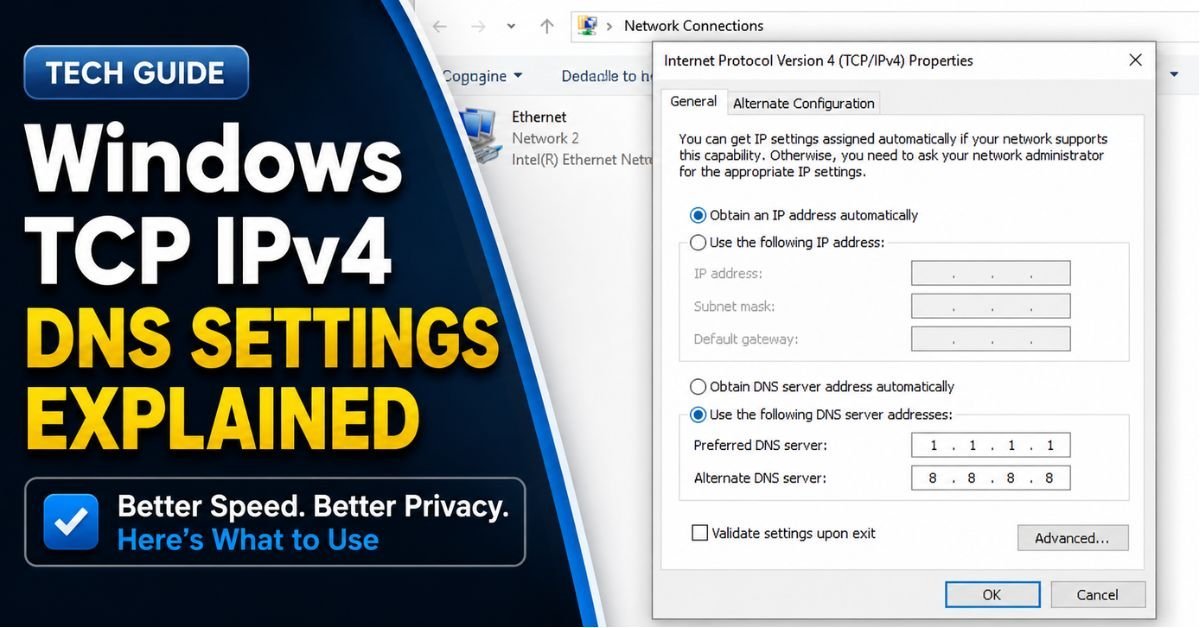 A clean, close-up computer UI screenshot showing the Windows TCP IPv4 network properties window with DNS settings entered