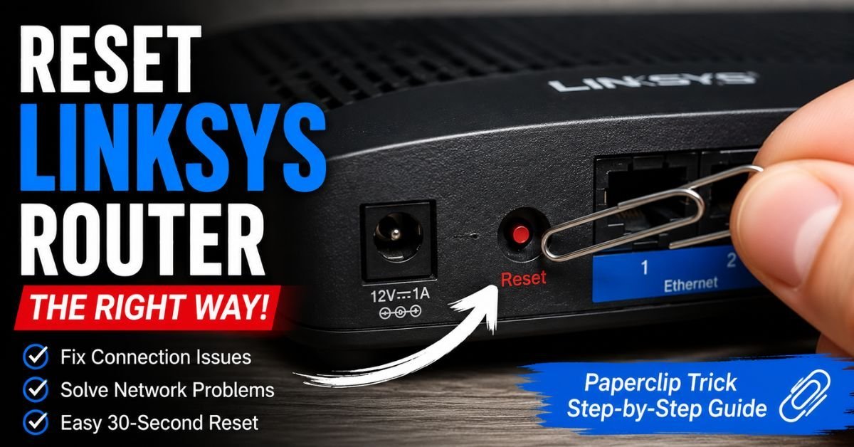 A close-up photo of hands plugging an Ethernet cable into the yellow WAN port of a Linksys router