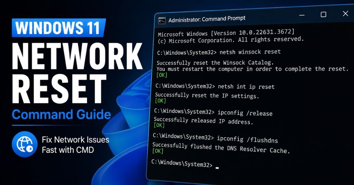 A close-up screenshot of a Windows 11 administrator command prompt window executing network reset commands on a dark monitor.