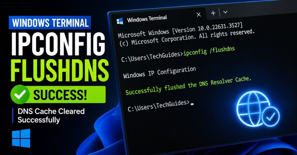 A close-up screenshot of a Windows Terminal window showing the successful output of the ipconfig flushdns command.