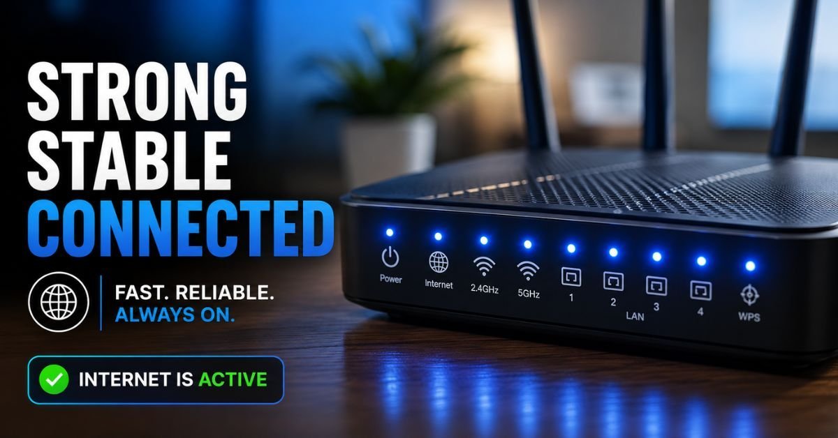 A close-up shot of a router with blinking blue LED lights, showing an active and healthy internet connection