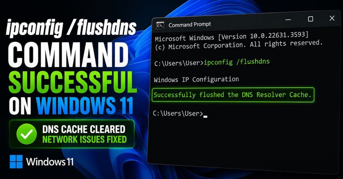 A dark themed Command Prompt window on Windows 11 showing the successful execution of the ipconfig flushdns command.