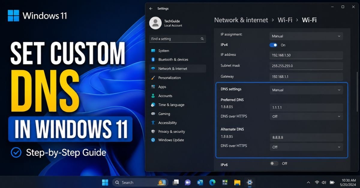 A detailed screenshot of the Windows 11 Network settings menu showing the IP configuration panel with manually entered DNS addresses
