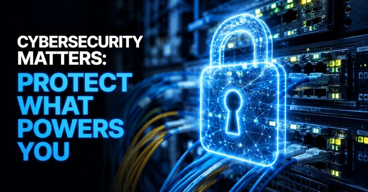 A glowing abstract padlock symbol overlays a network server rack with fiber optic cables, high-tech cybersecurity concept, realistic style