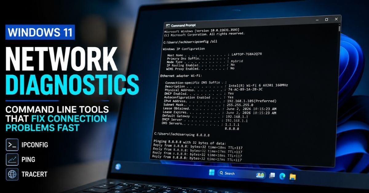 A macro photo of a Windows 11 laptop screen displaying the Command Prompt window running network diagnostic utilities, shallow depth of field.