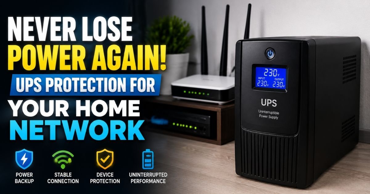 A modern black Uninterruptible Power Supply UPS unit sitting on the floor next to a clean home network setup