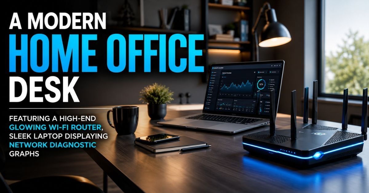 A modern home office desk featuring a high-end glowing Wi-Fi router, sleek laptop displaying network diagnostic graphs, realistic style