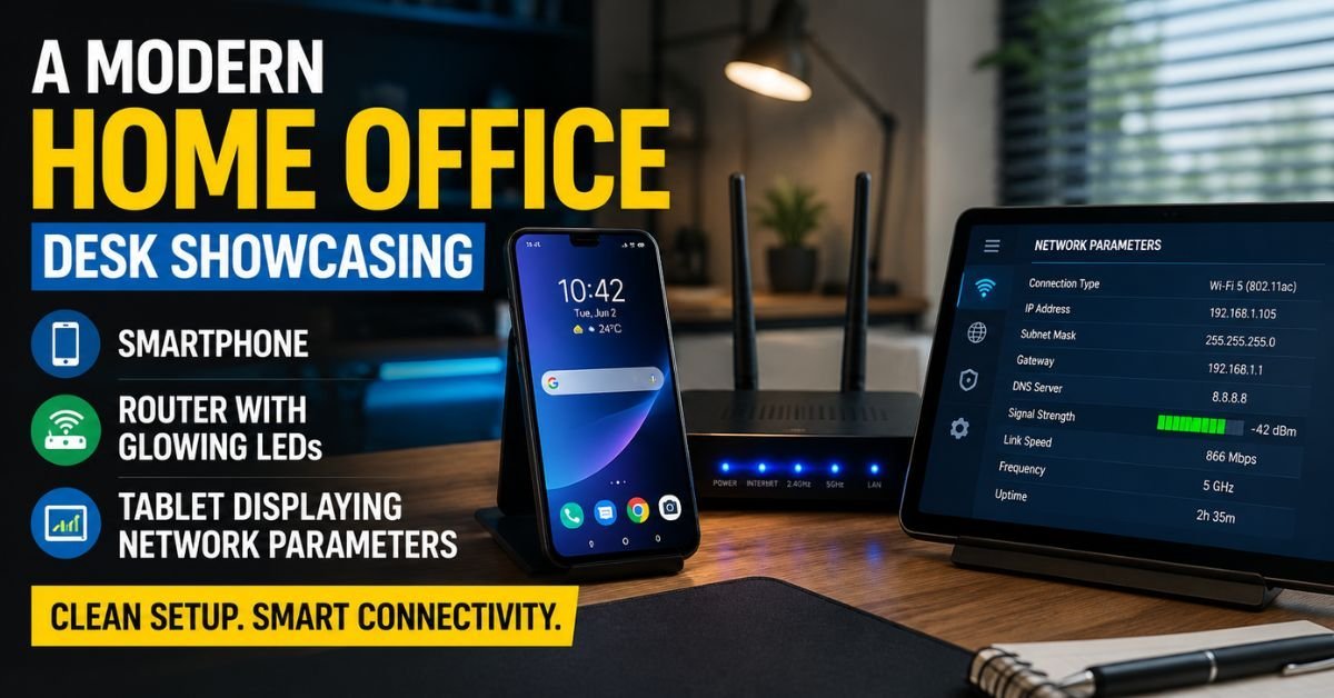 A modern home office desk showcasing a smartphone, a router with glowing status LEDs, and a tablet displaying network parameters, clean setup