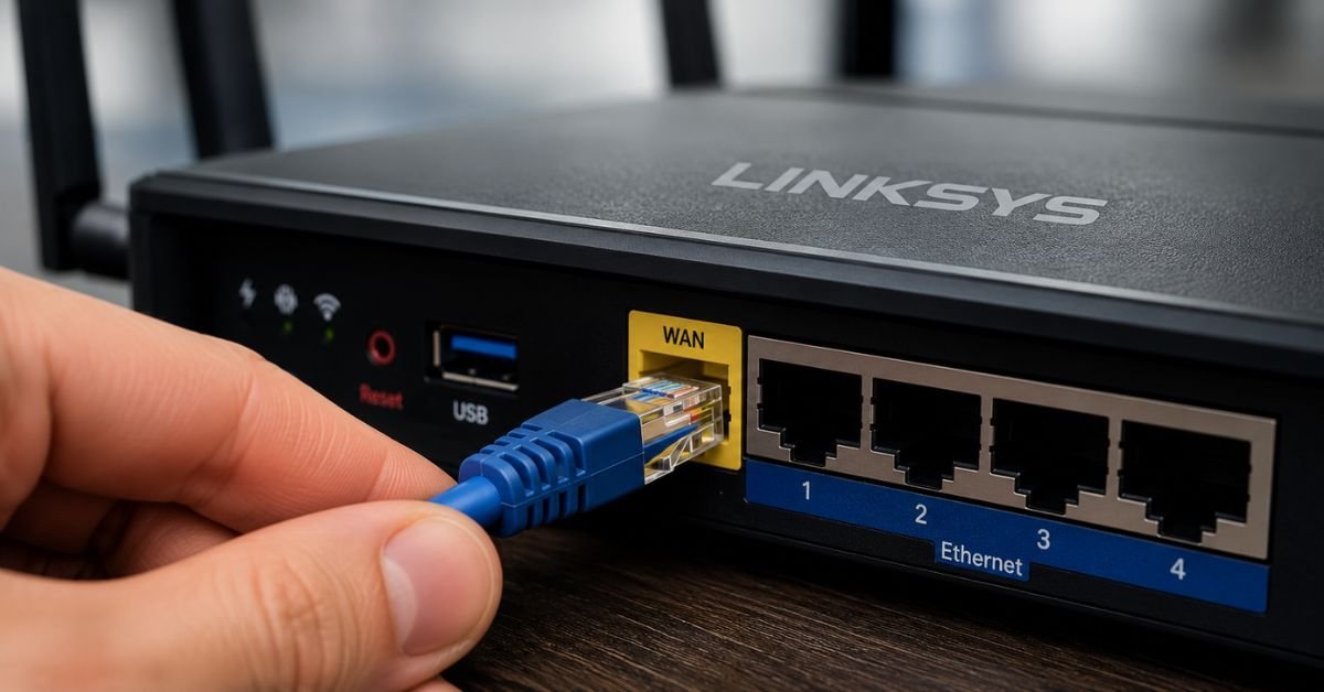 A modern home office desk showing a Linksys router with its lights glowing next to a computer monitor showing a connected network status