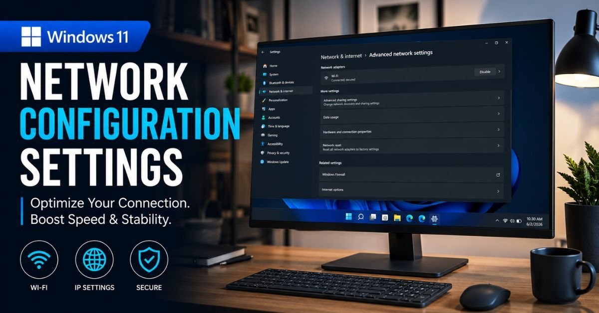 A modern home office desk with a Windows 11 PC displaying network configuration settings on a sleek monitor.