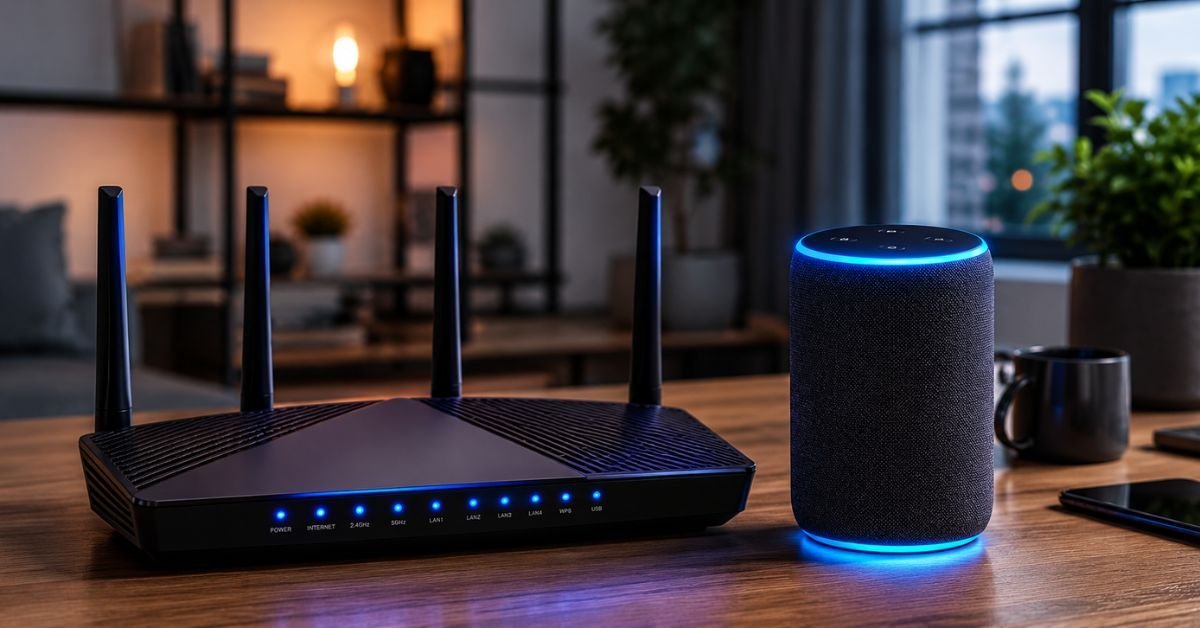 A modern sleek Wi-Fi router sitting on a wooden desk next to a glowing smart home speaker, realistic tech lifestyle photo.