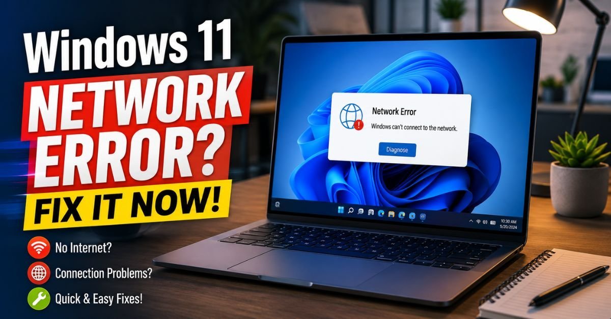 A modern workspace with a sleek Windows 11 laptop showing a network error screen on a wooden desk