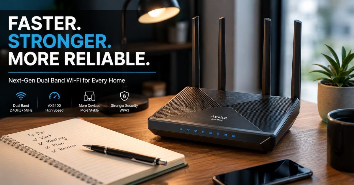 A tidy desk with a high-end dual-band wireless router sitting next to an open notebook and pen