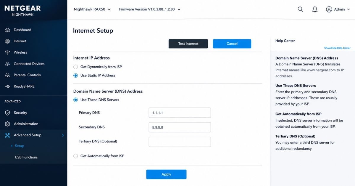 Clean screenshot of a modern router admin settings page on a computer screen, showing primary and secondary DNS fields, realistic style
