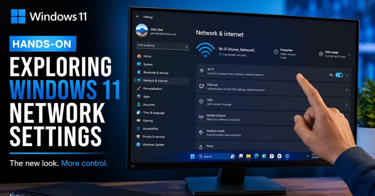 Hands-on close-up of a user navigating the modern Windows 11 network settings screen on a monitor.