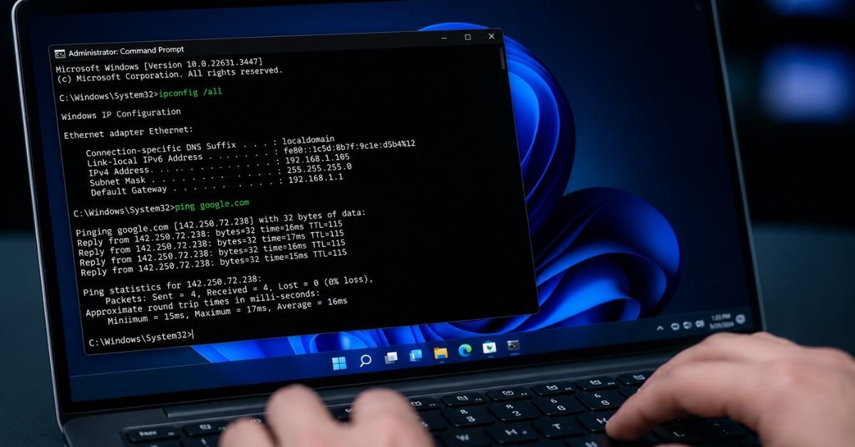 Hands-on close-up shot of a keyboard and Windows 11 Command Prompt screen displaying clean network commands, realistic lighting.