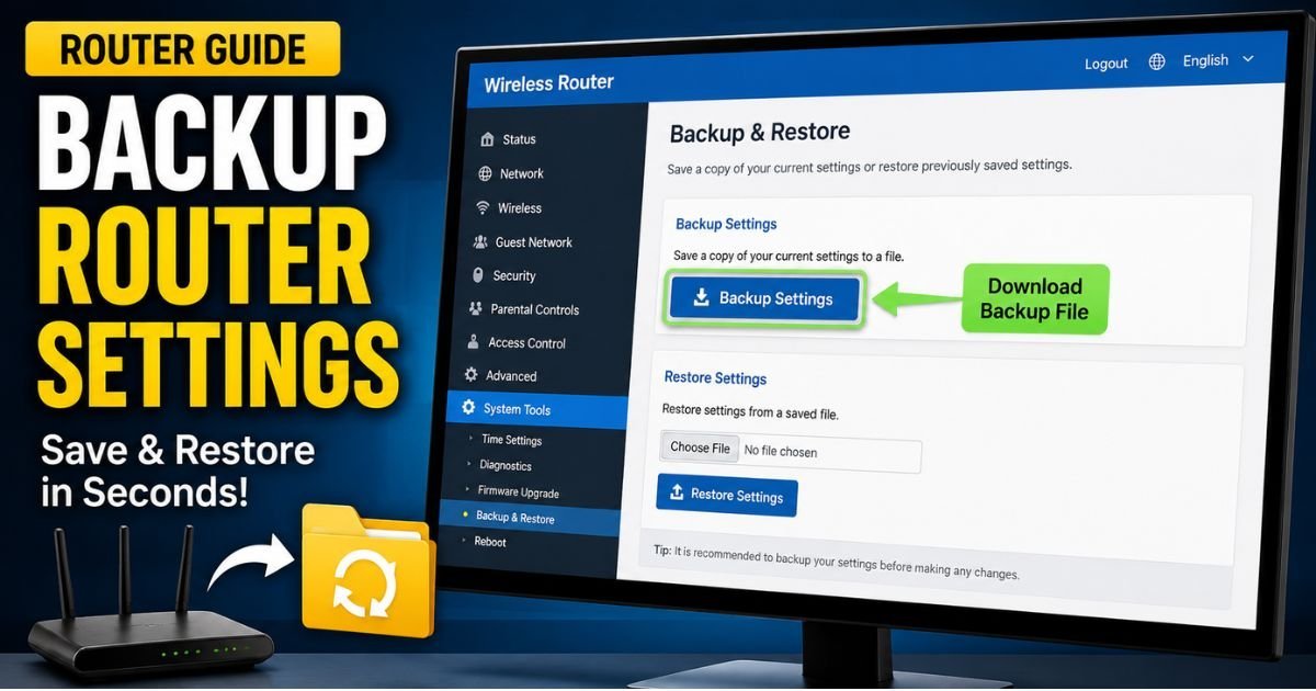 A clean computer screen displaying a router web admin GUI highlighting the backup settings menu and download button