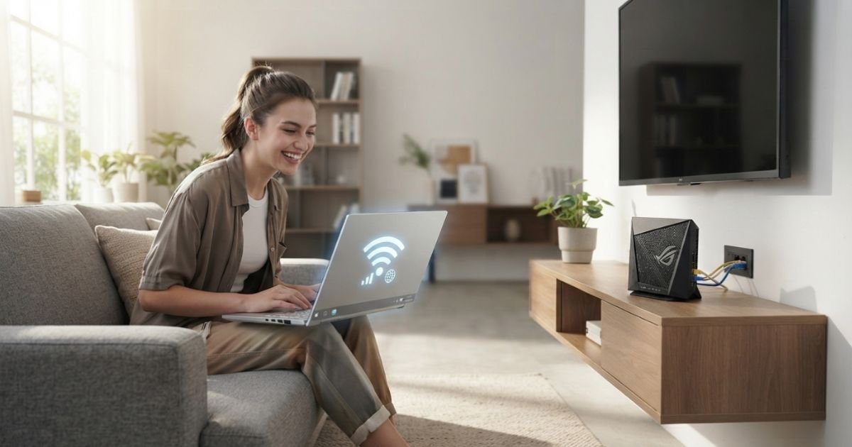 A clean, modern living room where a person is happily using a laptop with a strong Wi-Fi signal